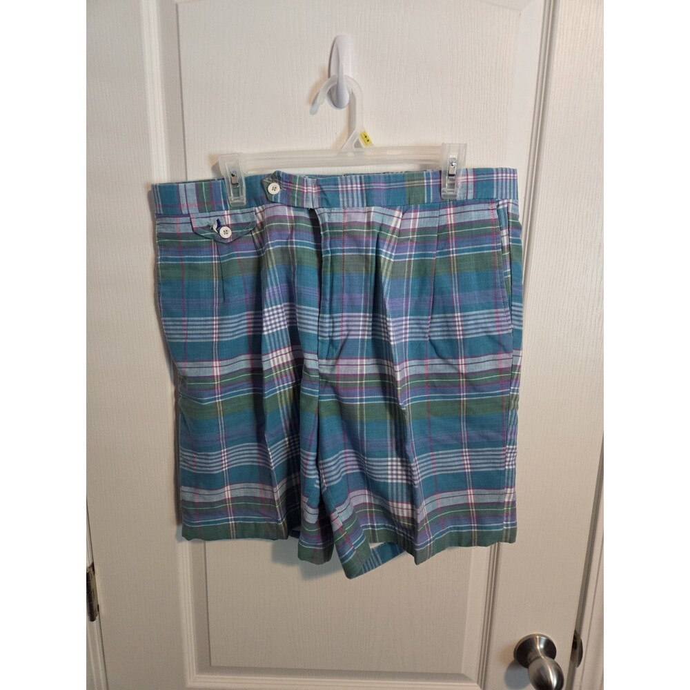 Flying Scotsman Men's Blue Green Purple Plaid Chino Shorts Pleated Pockets  074